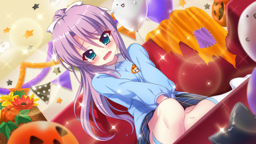 1girl balloon between_legs blue_eyes blush bow couch dot_nose dutch_angle embarrassed fang film_grain flower game_cg ghost hair_bow halloween hand_between_legs high_ponytail indoors izumi_tsubasu jack-o&#039;-lantern kindergarten_uniform lens_flare long_hair looking_at_viewer name_tag non-web_source official_art on_couch open_mouth patch plaid_clothes plaid_skirt purple_hair re:stage! red_flower sitting skirt skirt_tug socks solo sparkle star_(symbol) string_of_flags tinsel tsukisaka_sayu wavy_mouth white_bow white_socks wicker_basket yellow_flower