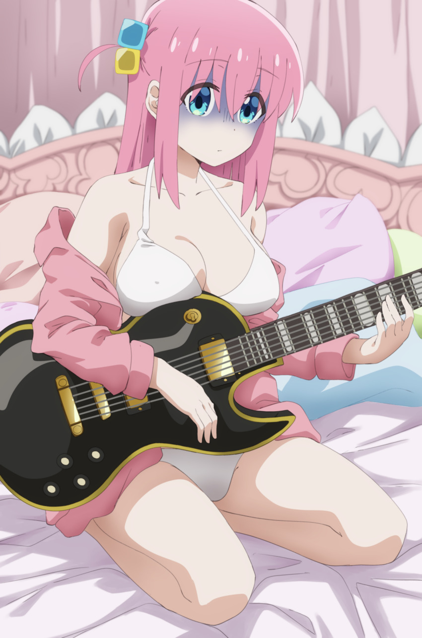 1girl absurdres bed bikini blue_eyes bocchi_the_rock! breasts closed_mouth covered_erect_nipples cube_hair_ornament electric_guitar gibson_les_paul gotoh_hitori guitar hair_ornament highres holding holding_instrument indoors instrument jacket keihh kneeling large_breasts long_hair looking_at_viewer medium_breasts on_bed one_side_up pillow pink_hair pink_jacket pink_track_suit solo swimsuit track_jacket turn_pale white_bikini