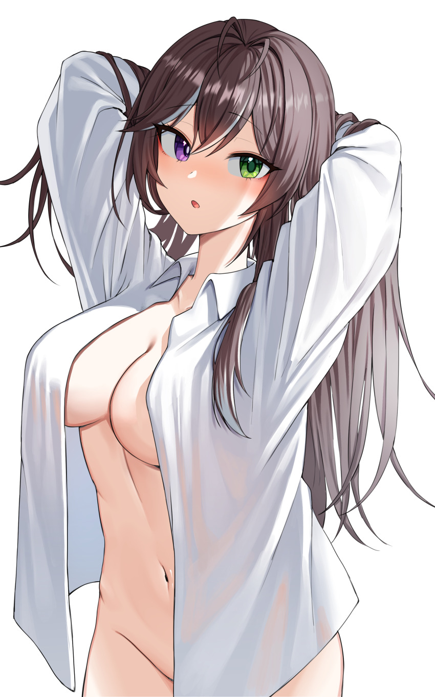 1girl absurdres antenna_hair arms_behind_head arms_up blush bottomless breasts brown_hair chestnut_mouth cleavage collared_shirt commentary counter:side green_eyes groin hair_between_eyes hair_intakes heterochromia highres jinggun karin_wong large_breasts long_hair long_sleeves looking_at_viewer multicolored_hair naked_shirt navel open_clothes open_mouth open_shirt purple_eyes raised_eyebrows shirt simple_background solo standing stomach streaked_hair white_background white_hair white_shirt