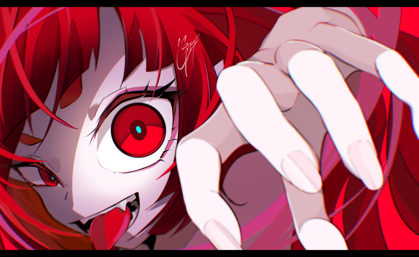 1girl artist_name close-up crazy_eyes fangs fingernails goma_irasuto highres long_hair looking_at_viewer open_mouth original red_eyes red_hair red_theme signature solo tongue tongue_out upper_body very_long_hair