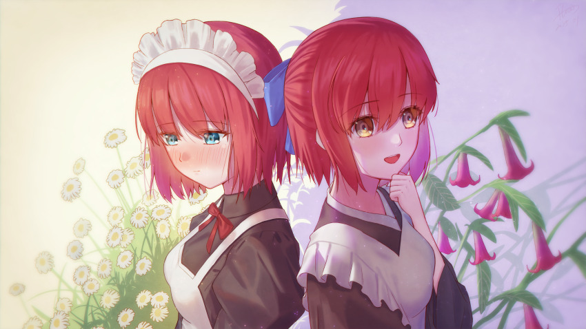 2girls apron blue_eyes blue_ribbon blush brown_dress brown_eyes brown_kimono closed_mouth commentary_request dress flower flowingcrescent hair_ribbon highres hisui_(tsukihime) japanese_clothes juliet_sleeves kimono kohaku_(tsukihime) long_sleeves looking_at_viewer looking_down maid maid_apron maid_headdress multiple_girls neck_ribbon open_mouth puffy_sleeves red_flower red_hair red_ribbon ribbon short_hair siblings sisters smile tsukihime twins wa_maid white_apron white_flower wide_sleeves