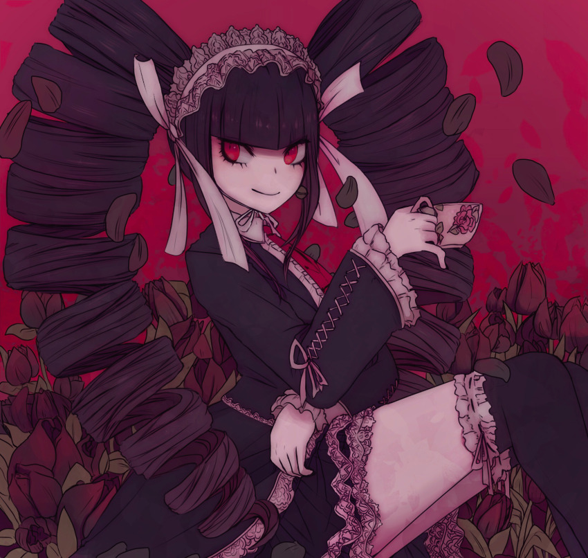 1girl black_jacket black_skirt black_thighhighs bulbacactus celestia_ludenberg collared_shirt cup danganronpa:_trigger_happy_havoc danganronpa_(series) drill_hair flower frilled_jacket frills from_side headdress highres holding holding_cup jacket layered_skirt long_hair long_sleeves necktie red_eyes red_flower red_necktie shirt sitting skirt solo thighhighs twin_drills twintails