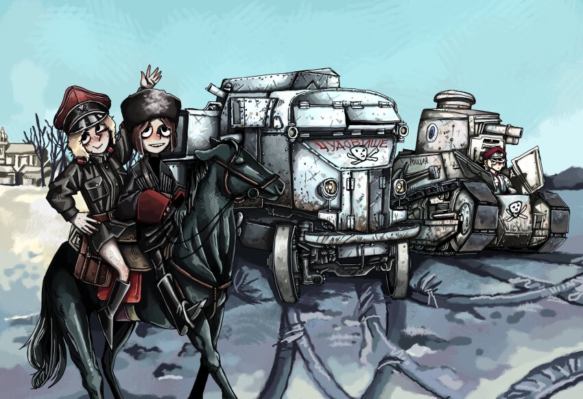 3girls absurdres armored_car blonde_hair boots brown_hair cossack epaulettes ft-17 fur_hat hat highres jacket leather leather_boots leather_jacket liskim military_uniform military_vehicle motor_vehicle multiple_girls original outdoors papakha peaked_cap real_life russian_civil_war simple_background tank translated white_army