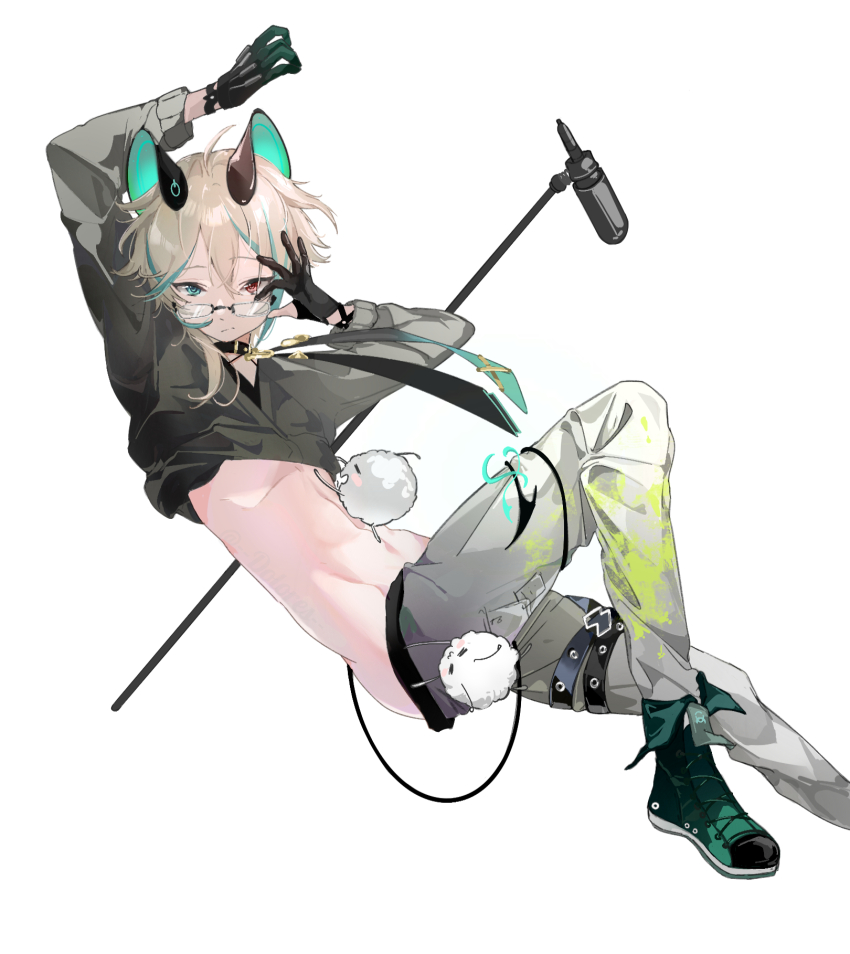 1boy animal_ears aza_(virtuareal) black_gloves glasses gloves heterochromia highres horns long_sleeves looking_at_viewer male_focus microphone multicolored_hair necktie nijisanji pants red_eyes simple_background solo tail virtual_youtuber virtuareal weibo_7144331291 white_background