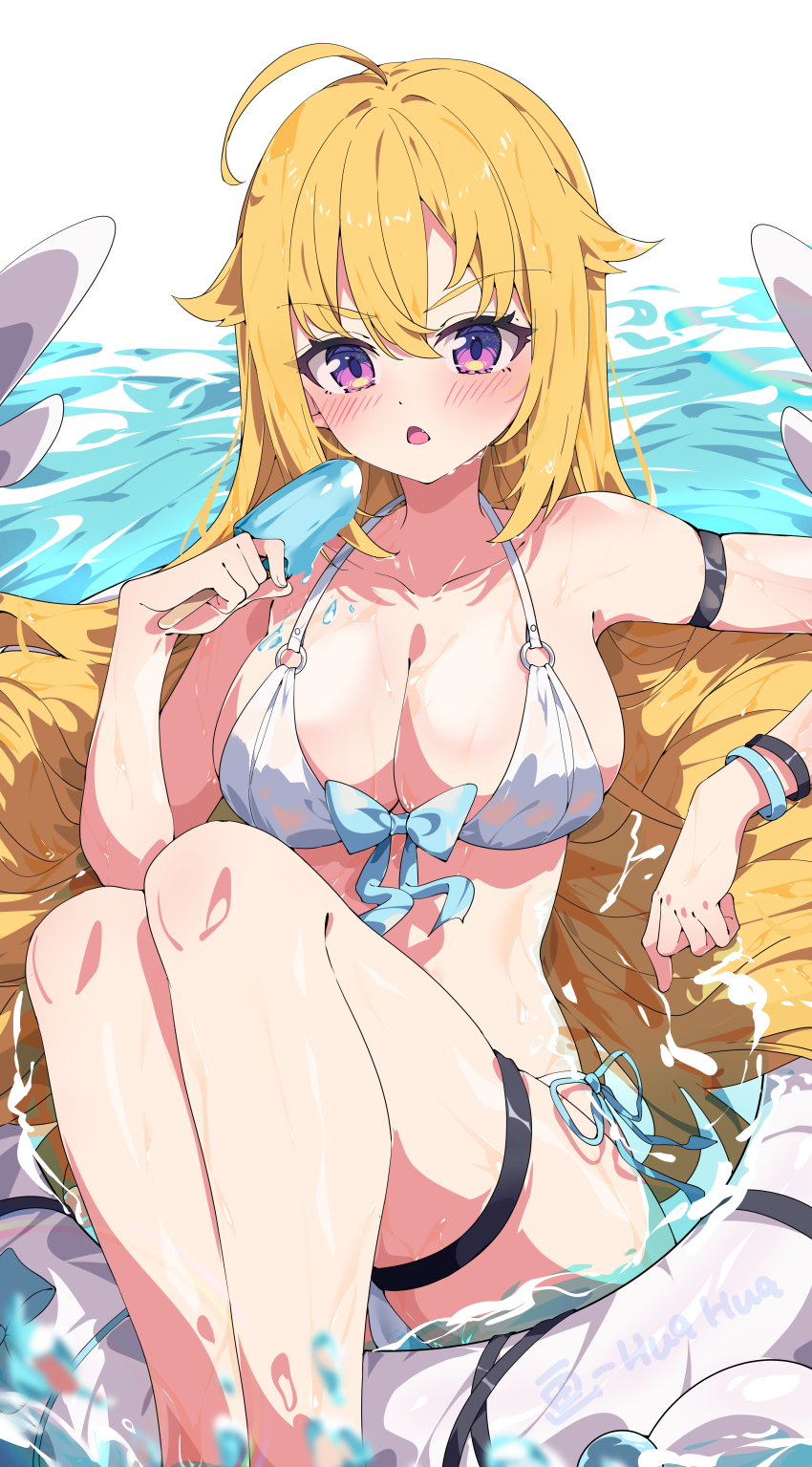 1girl absurdres ahoge arm_strap artist_name bare_shoulders bikini blonde_hair blue_bow blush bow bow_bikini bracelet breasts chestnut_mouth chinese_commentary cleavage collarbone commentary_request curvy eyelashes feet_out_of_frame food frown hair_between_eyes hair_spread_out halterneck hand_up highres holding holding_food holding_popsicle hua-huahua jewelry koshi_torako large_breasts legs_together long_hair looking_at_viewer melting open_mouth popsicle purple_eyes shikanoko_nokonoko_koshitantan sidelocks simple_background sitting skindentation soaking_feet solo swim_ring swimsuit thigh_strap tsurime v-shaped_eyebrows very_long_hair water white_background white_bikini