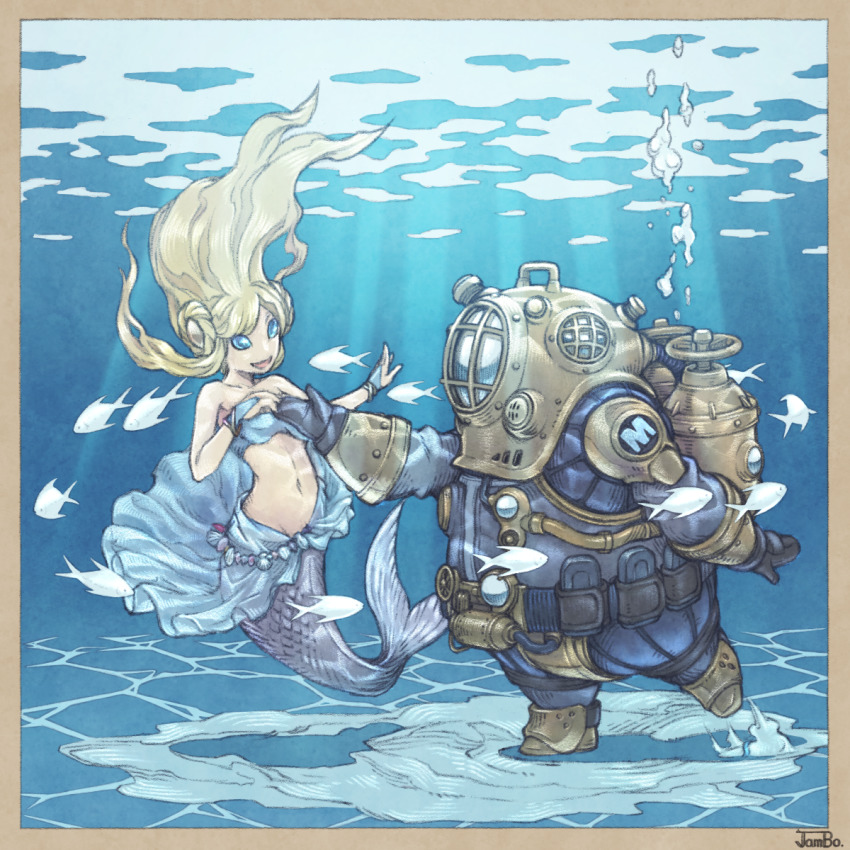 1boy 1girl blonde_hair blue_eyes border diving_suit dry_suit ds_hand55 fish highres holding_hands long_hair mermaid monster_girl original standard_diving_dress underwater