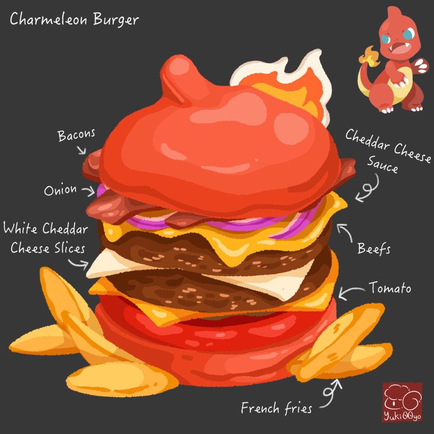 artist_logo artist_name bacon bread character-themed_food character_name charmeleon cheese creatures_(company) food food_focus food_name french_fries game_freak gen_1_pokemon grey_background highres meat nintendo no_humans onion pokemon simple_background tomato tomato_slice yuki00yo