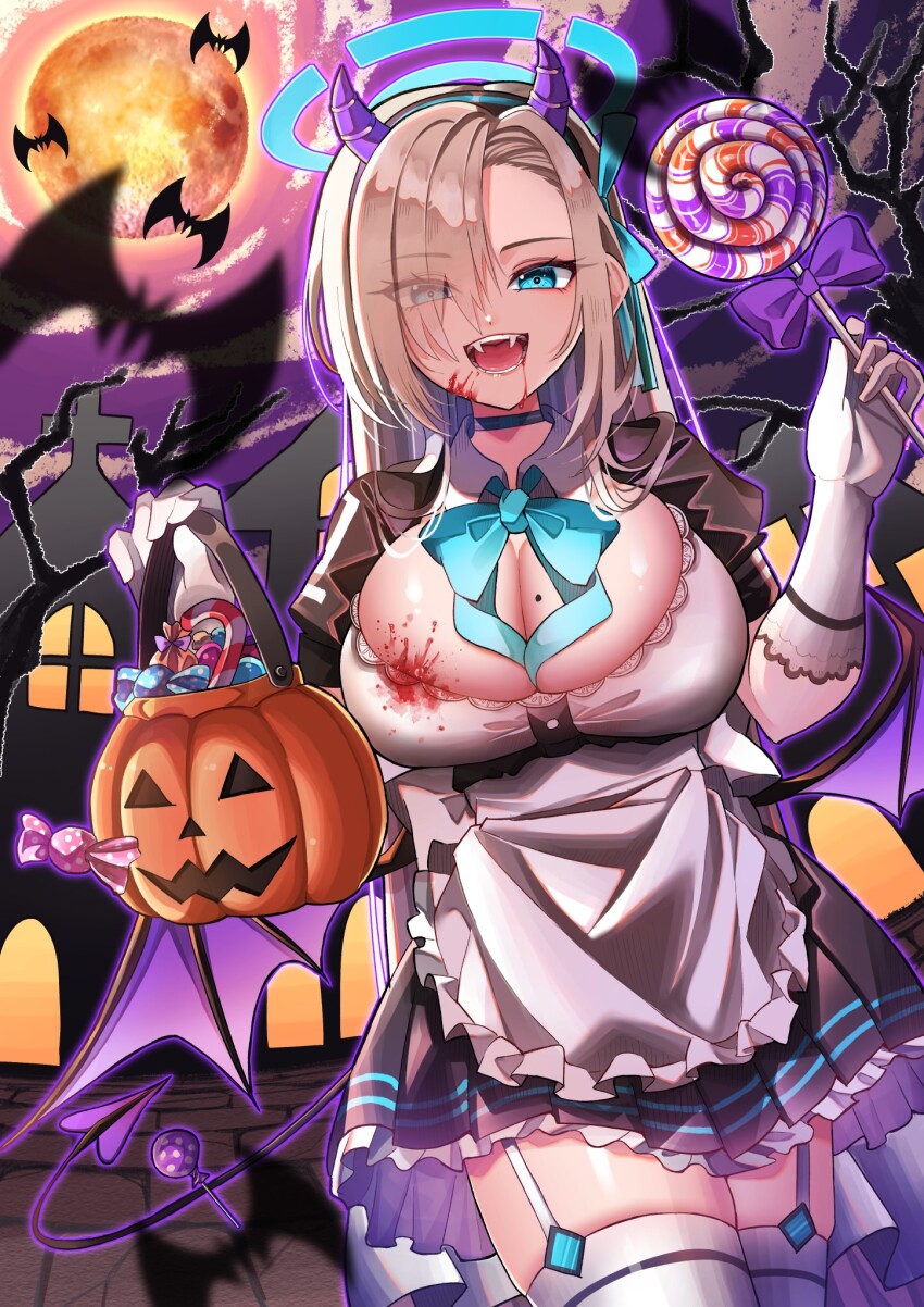 1girl asuna_(blue_archive) bare_tree bat_(animal) black_dress blood blood_on_breasts blue_archive blue_ribbon breasts candy cleavage dress fake_horns fangs food grey_hair halloween highres holding holding_candy holding_food holding_lollipop horns i-nn jack-o&#039;-lantern large_breasts lollipop looking_at_viewer maid mole mole_on_breast moon night ribbon smile solo thighhighs tree trick_or_treat zettai_ryouiki