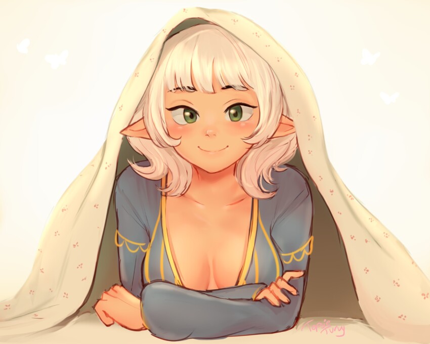 1girl artist_name asimov_(spindle_(aidenr0)) blanket_veil blue_dress blunt_bangs blush borrowed_character breasts cleavage closed_mouth collarbone commentary crossed_arms dress elbow_rest elf english_commentary gold_trim green_eyes highres looking_at_viewer lying medium_breasts medium_hair on_stomach original plunging_neckline pointy_ears signature simple_background smile solo straight-on topsieturvy under_covers white_background white_hair