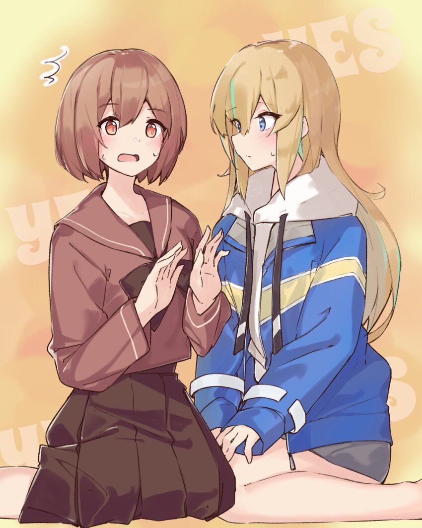 2girls blonde_hair blue_eyes blue_jacket blush bow bowtie brown_bow brown_bowtie brown_eyes brown_hair brown_sailor_collar brown_shirt brown_skirt closed_mouth commentary_request green_hair hair_between_eyes hands_up highres hood hood_down hoodie jacket kouzuki_mahiru loli_(loki_tw28) long_hair long_sleeves looking_at_another multicolored_hair multiple_girls nervous_sweating open_clothes open_jacket open_mouth orange_background pleated_skirt sailor_collar school_uniform serafuku shirt short_hair sidelocks sitting skirt sleeves_past_wrists streaked_hair sweat sweatdrop wariza white_hoodie yamanouchi_kano yoru_no_kurage_wa_oyogenai yuri