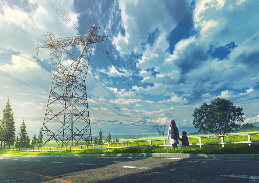 2girls backpack bag blue_sky cloud cloudy_sky coat commentary_request day facing_away from_behind grass holding_hands long_hair mocha_(cotton) multiple_girls original outdoors parent_and_child plain power_lines road scenery signature sky sunlight transmission_tower tree very_wide_shot white_coat