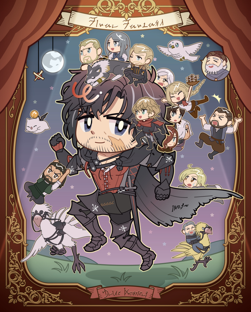 &gt;_&lt; 6+boys 6+girls absurdres ambrosia_(ff16) beard bird black_cloak black_gloves black_hair black_pants blackthorn_(ff16) blonde_hair blue_eyes brown_eyes brown_hair byron_rosfield charon_(ff16) chibi chocobo cidolfus_telamon clenched_hands clive_rosfield cloak closed_eyes closed_mouth dion_lesage everyone facial_hair facial_scar final_fantasy final_fantasy_xvi full_moon furrowed_brow gav_(ff16) gloves goetz_(ff16) grey_hair hair_between_eyes harpocrates_ii_hyperboreios highres ino_f-w jill_warrick joshua_rosfield jote_(ff16) long_hair midadol_telamon model_ship moon multiple_boys multiple_girls old old_man old_woman one_eye_closed open_mouth owl pants parted_bangs red_scarf red_vest riding riding_bird scar scar_across_eye scar_on_cheek scar_on_face scarf short_hair smile sweatdrop tarja_(ff16) vest vivian_ninetales