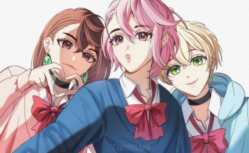 3girls artist_name ayase_momo vamola_(dandadan) black_choker blonde_hair blue_sweater bow bowtie brown_eyes brown_hair choker closed_mouth collared_shirt dandadan earrings green_eyes hair_between_eyes heart heart_hands highres jewelry long_sleeves looking_at_viewer medium_hair multiple_girls pink_eyes pink_hair pink_sweater puckered_lips reaching reaching_towards_viewer red_bow red_bowtie school_uniform selfie shiratori_aira_(dandadan) shirt short_hair simple_background smile star_(symbol) star_in_eye sweater symbol_in_eye upper_body watermark white_background white_shirt yazesuya