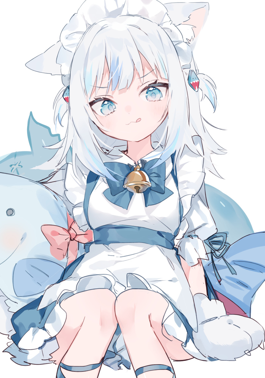 1girl :3 :q absurdres animal_ear_fluff animal_ears animal_hands apron bell blue_bow blue_dress blue_eyes blue_hair blush bow cat_ears closed_mouth collared_dress commentary_request dress feet_out_of_frame fins fish_tail frilled_apron frills gawr_gura gloves grey_hair hair_ornament highres hololive hololive_english jingle_bell long_hair looking_at_viewer maid_headdress mokyuko multicolored_hair neck_bell paw_gloves pink_bow puffy_short_sleeves puffy_sleeves shark_tail short_sleeves simple_background sitting smile solo streaked_hair tail tongue tongue_out two_side_up virtual_youtuber white_apron white_background white_footwear