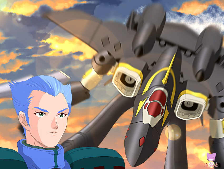 1boy absurdres blue_hair canopy_(aircraft) cloud cloudy_sky commentary_request dusk gamlin_kizaki gerwalk green_eyes highres lens_flare machinery macross macross_7 mecha mecha_pilot_suit motion_blur nyahoekaki1 robot science_fiction signature sky spiked_hair u.n._spacy vf-22