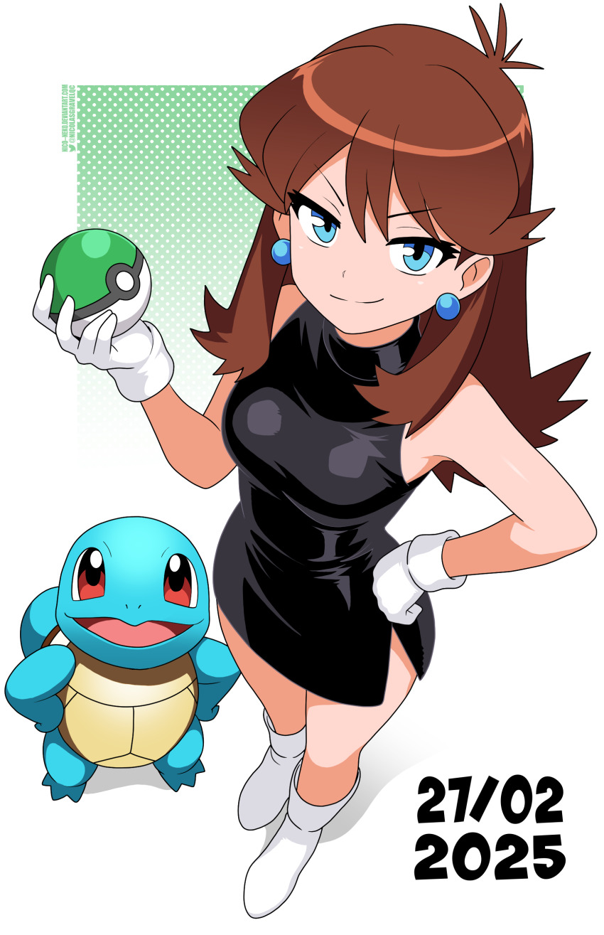 absurdres bare_shoulders black_dress blue_eyes breasts brown_hair commentary creatures_(company) dated dress earrings english_commentary full_body game_freak gen_1_pokemon gloves green_(pokemon) hand_on_own_hip highres jewelry long_hair looking_at_viewer medium_breasts nico-neko nintendo pokemon pokemon_(creature) pokemon_day short_dress side_slit simple_background smirk squirtle standing turtle twitter_username white_background white_gloves