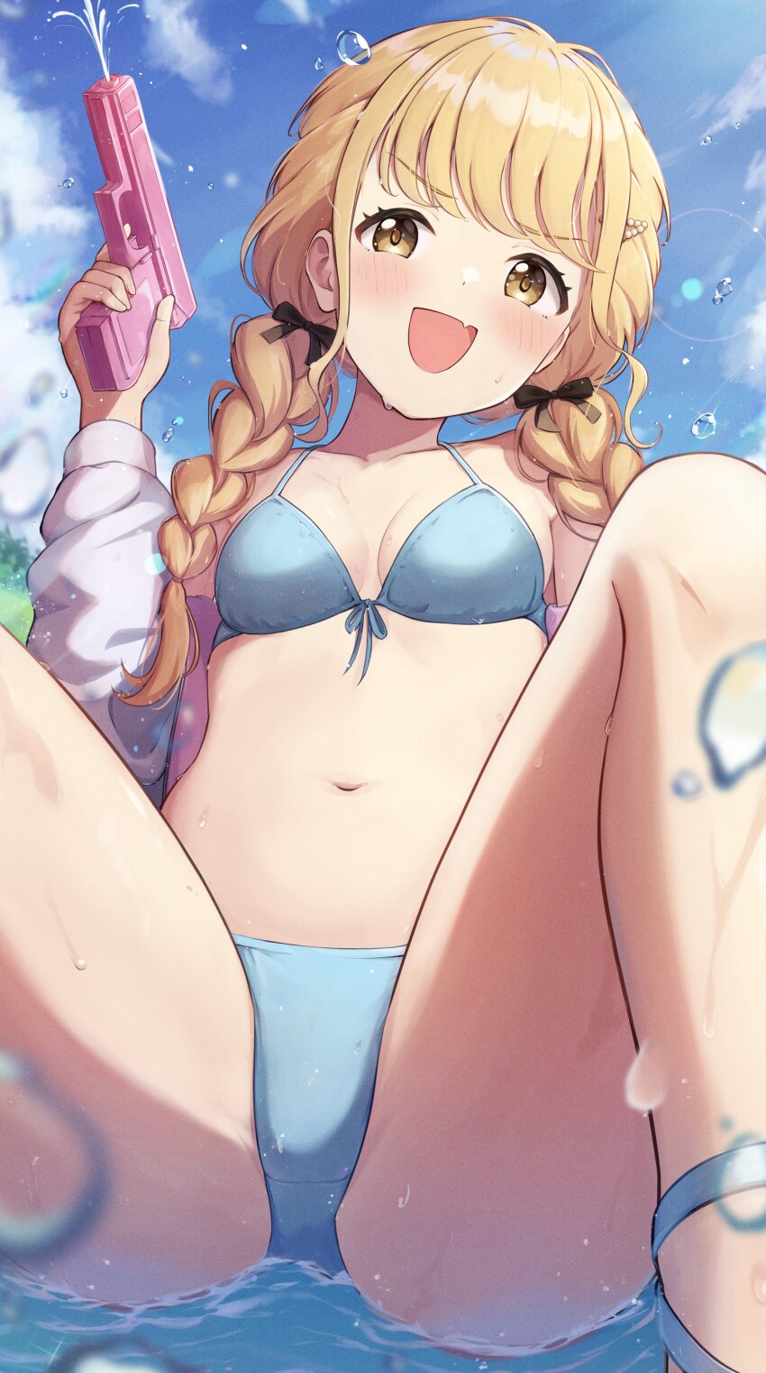 1girl absurdres bikini black_ribbon blonde_hair blue_bikini braid breasts fang fujita_kotone gakuen_idolmaster hair_ribbon highres holding holding_water_gun idolmaster jacket long_hair masuku_(saint_mask) navel ribbon sitting skin_fang small_breasts smile solo stomach swimsuit twin_braids water water_gun white_jacket yellow_eyes