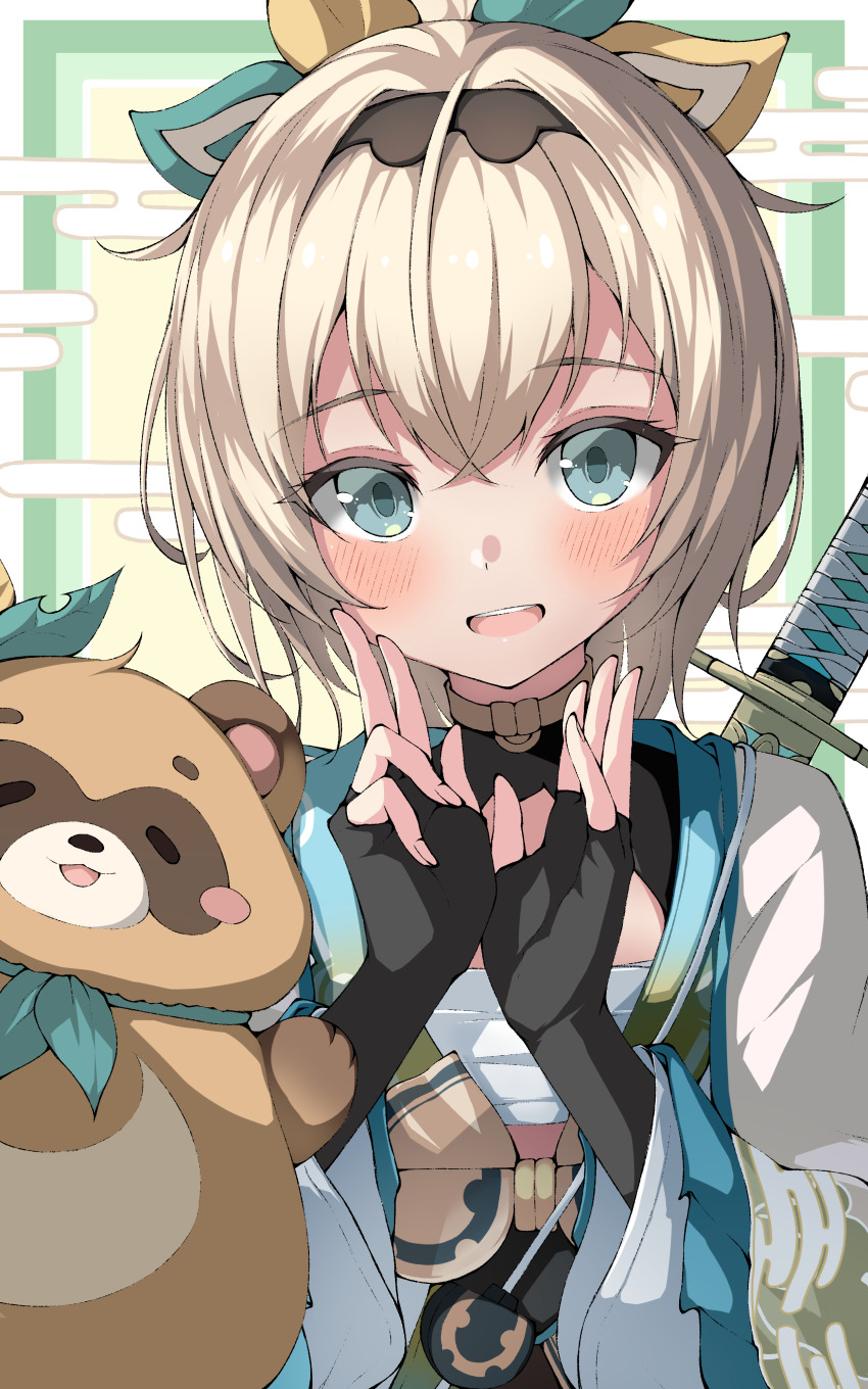 1girl absent absurdres black_gloves black_hairband blonde_hair blue_eyes blush chest_sarashi commentary fingerless_gloves gloves hair_ribbon hairband hands_up haori highres hololive japanese_clothes kazama_iroha long_sleeves looking_at_viewer open_mouth pokobee ribbon sarashi smile solo sword upper_body virtual_youtuber weapon weapon_on_back wide_sleeves