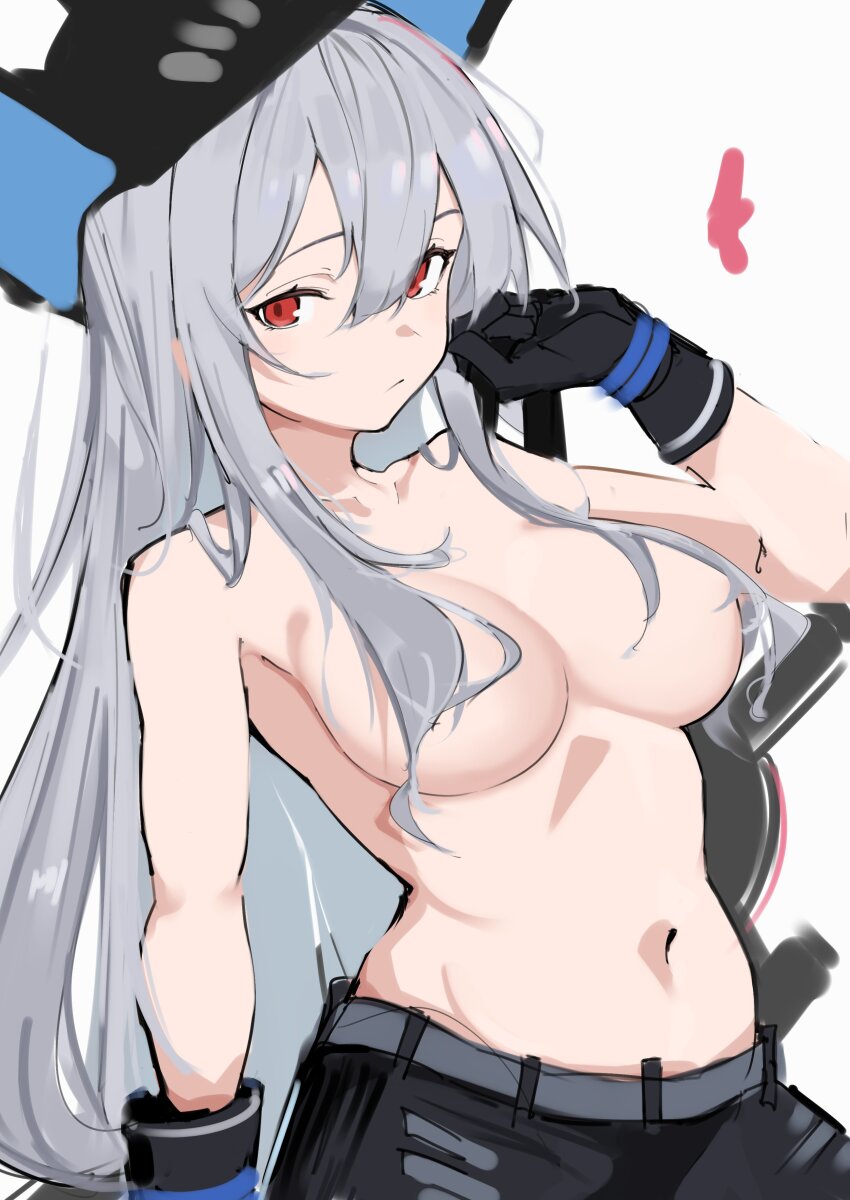 1girl absurdres arknights asususususu black_gloves breasts closed_mouth convenient_censoring cowboy_shot gloves grey_hair hair_between_eyes hair_censor hair_over_breasts hand_in_own_hair hand_up highres long_hair looking_at_viewer medium_breasts navel red_eyes sidelocks simple_background skadi_(arknights) sketch solo standing topless white_background