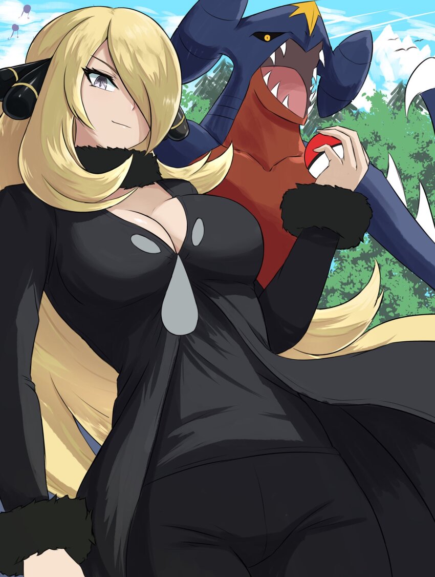 1girl black_coat black_sclera blonde_hair blue_skin breasts claws cleavage closed_mouth coat collarbone colored_sclera colored_skin commentary creatures_(company) cynthia_(pokemon) dragon english_commentary fgsketch fur-trimmed_coat fur-trimmed_sleeves fur_collar fur_trim game_freak garchomp gen_4_pokemon grey_eyes hair_ornament hair_over_one_eye highres holding holding_poke_ball large_breasts long_hair long_sleeves nintendo poke_ball poke_ball_(basic) pokemon pokemon_(creature) pokemon_dppt sharp_teeth smile spikes tassel teeth very_long_hair yellow_eyes