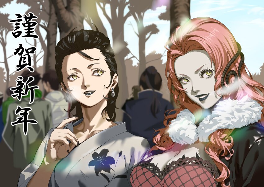 2girls absurdres black_lips black_nails breasts cleavage earrings fur_trim hair_slicked_back highres japanese_clothes jewelry lilith_(megami_tensei) macossa multiple_girls new_year outdoors pale_skin red_hair shin_megami_tensei shin_megami_tensei_v shin_megami_tensei_v:_vengeance smile standing