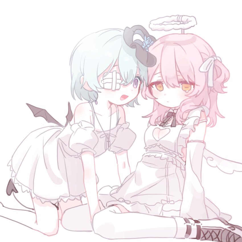 2girls :d aqua_hair bandage_over_one_eye cleavage_cutout clione_myosotis clothing_cutout demon_tail demon_wings detached_sleeves dress fake_halo hair_between_eyes hair_ribbon halo happy_saint_sheol heart_cutout highres horizontal_pupils kneeling looking_at_another looking_at_viewer maya_elbeth medium_hair multiple_girls one_side_up open_mouth orange_eyes pink_hair puffy_sleeves purple_eyes ribbon sali_hssh short_hair sitting smile tail tearing_up thighhighs wariza white_dress white_ribbon white_thighhighs wings