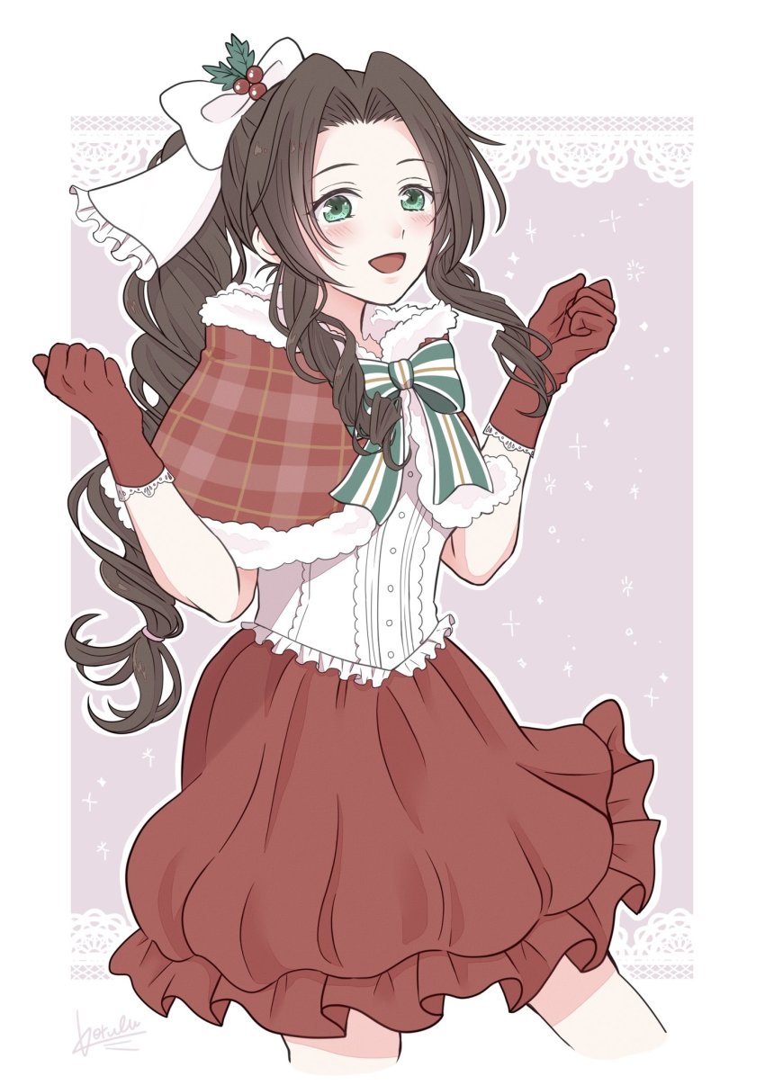 aerith_gainsborough blush bow breasts brown_hair capelet christmas curly_hair dress final_fantasy final_fantasy_vii gloves green_bow green_eyes hair_ribbon highres kt9_ct long_hair open_mouth pink_background red_gloves ribbon santa_costume santa_dress small_breasts smile snowflakes solo sparkle white_background