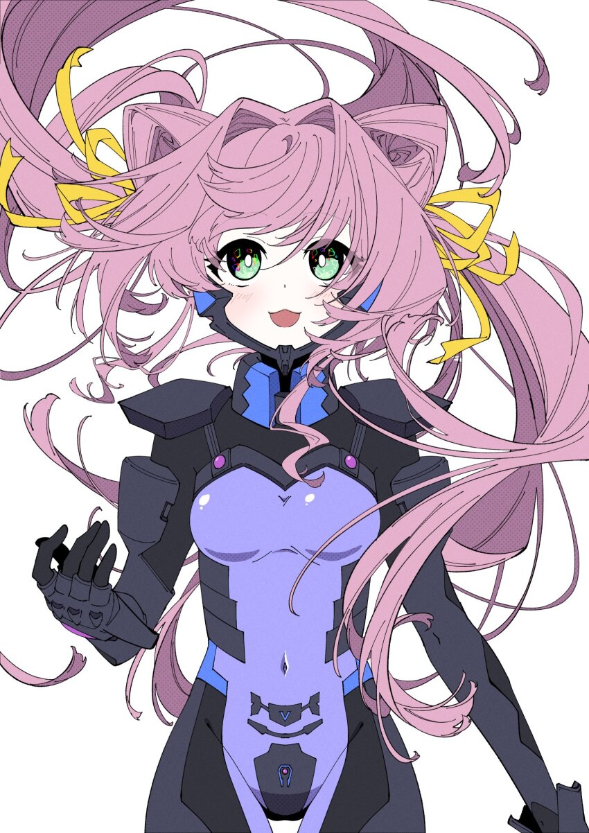 1girl armored_bodysuit black_bodysuit bodysuit covered_navel fortified_suit green_eyes hair_ears hair_intakes hair_ribbon highres impossible_bodysuit impossible_clothes kamon_rider long_hair muv-luv muv-luv_alternative pilot_suit pink_hair purple_bodysuit ribbon science_fiction skin_tight smile solo tamase_miki twintails very_long_hair