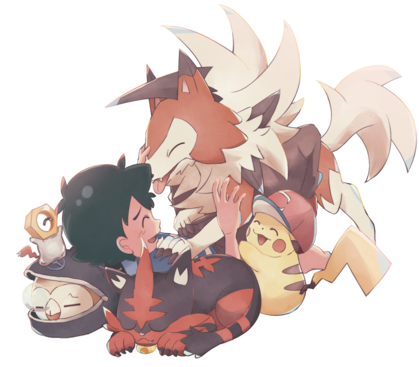 1boy ash_ketchum backpack bag black_hair claws creatures_(company) fangs game_freak gen_1_pokemon gen_7_pokemon hhm6965 lycanroc lycanroc_(dusk) male_focus meltan mythical_pokemon nintendo open_mouth pikachu pokemon pokemon_(anime) pokemon_(creature) pokemon_sm_(anime) rowlet simple_background sleeping smile tongue tongue_out torracat white_background