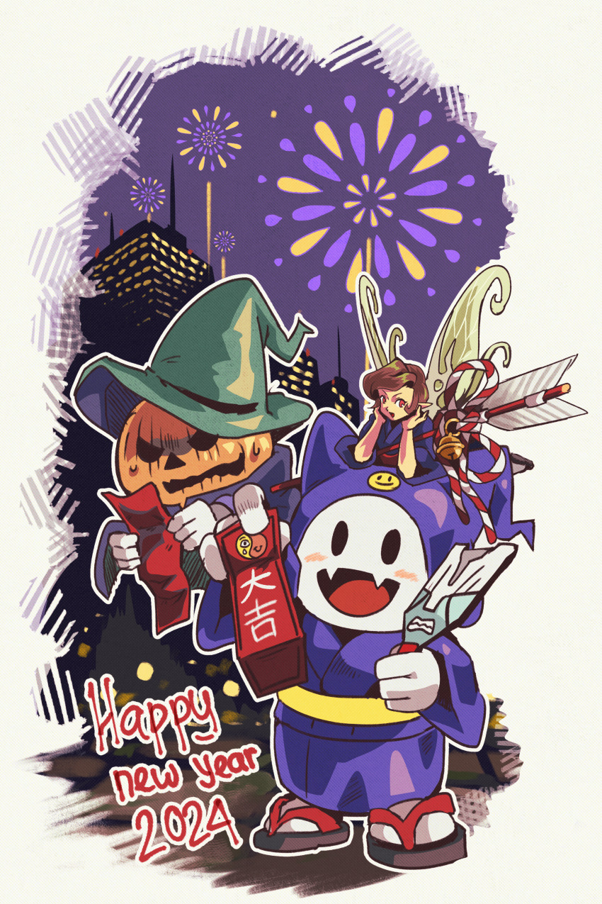 1girl 2024 2boys absurdres arrow_(projectile) bell black_eyes blue_hat blue_kimono blush brown_hair commentary_request duckpasta_flo english_text fairy fairy_wings fang fireworks green_hat hamaya happy_new_year hat highres holding holding_paddle holding_paper jack-o&#039;-lantern jack_frost_(megami_tensei) japanese_clothes jester_cap kimono kouhaku_nawa looking_at_viewer mini_person minigirl multiple_boys new_year night okobo omikuji open_mouth paddle paper pixie_(megami_tensei) pointy_ears pumpkin pyro_jack red_eyes rope sandals shimenawa shin_megami_tensei short_hair skin_fang smiley_face solid_oval_eyes sweat translated wings witch_hat