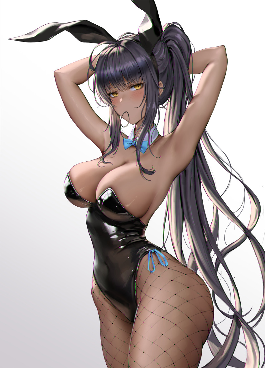 1girl absurdres arms_up black_hair black_leotard blue_archive blue_bow blue_bowtie bow bowtie breasts detached_collar fishnet_pantyhose fishnets hair_tie_in_mouth highres jademoon karin_(blue_archive) karin_(bunny)_(blue_archive) large_breasts leotard long_hair mouth_hold pantyhose playboy_bunny ponytail solo very_long_hair wide_hips yellow_eyes