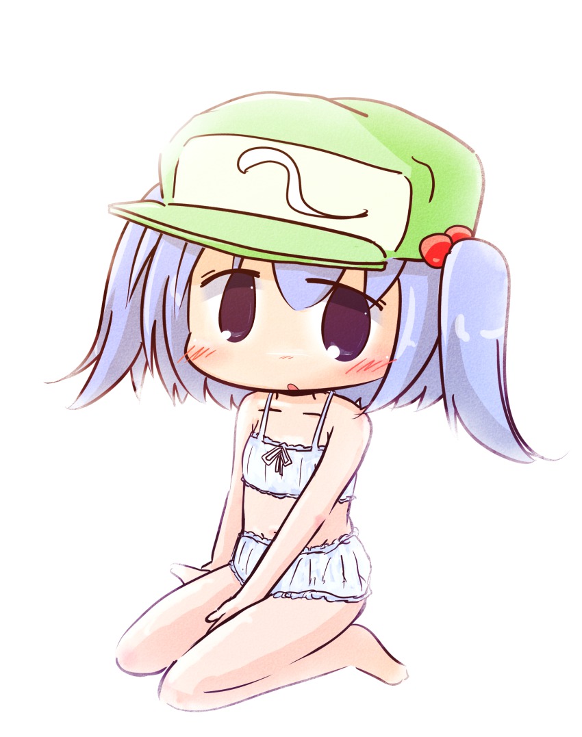 1girl blue_eyes blue_hair blush blush_stickers cast_a chibi collarbone female_focus hair_bobbles hair_ornament hat highres kawashiro_nitori looking_at_viewer matching_hair/eyes navel nose_blush open_mouth simple_background sitting solo touhou twintails two_side_up underwear underwear_only wariza white_background