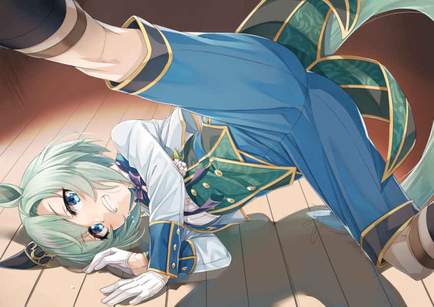 1girl animal_ears ass blue_eyes blue_shorts clenched_teeth commentary_request cropped_jacket gloves green_hair green_vest horse_ears horse_girl horse_tail jacket long_sleeves miri_(ago550421) open_clothes open_jacket seiun_sky_(soiree_de_chaton)_(umamusume) seiun_sky_(umamusume) shirt shorts signature solo tail teeth umamusume vest white_gloves white_jacket white_shirt wooden_floor