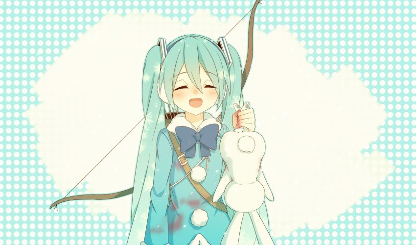 1girl 1other animal blood blood_on_clothes blood_on_hands blue_bow blue_coat blue_neckwear bow bowtie closed_eyes coat commentary earmuffs facing_viewer fur-trimmed_coat fur_trim hatsune_miku highres holding holding_animal holding_person holding_rabbit hunting long_hair quiver rabbit rabbit_yukine sakakidani smile symbol-only_commentary twintails upper_body upside-down very_long_hair vocaloid yuki_miku yuki_miku_(2012)