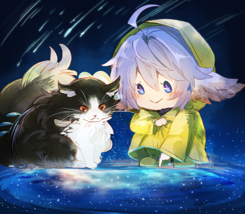 1girl ahoge animal animal_ears black_fur blue_eyes blue_hair blush boots cat commentary_request ewiyar_(granblue_fantasy) flower-shaped_pupils fluffy galaxy granblue_fantasy harvin pointing rubber_boots shaodw22 shooting_star squatting symbol-shaped_pupils wamdus_(granblue_fantasy) whiskers white_fur yellow_footwear yellow_raincoat