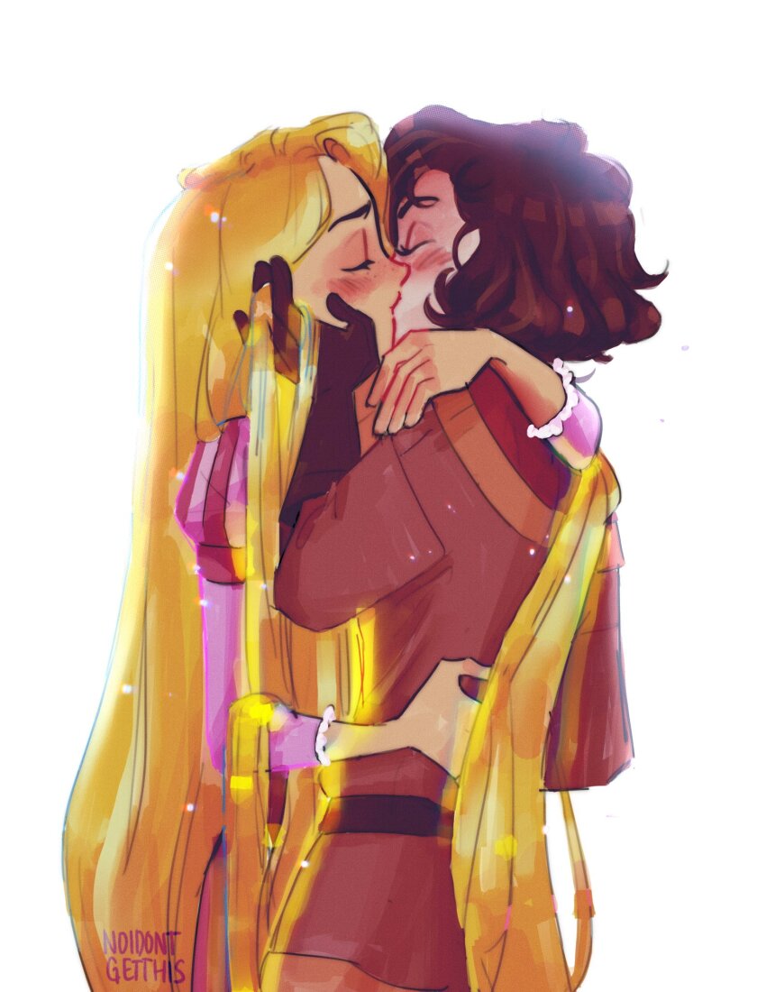 2girls artist_name belt black_hair blonde_hair blush brown_shirt cassandra_(tangled) closed_eyes dress gloves hand_on_another&#039;s_cheek hand_on_another&#039;s_face highres hug kiss long_hair multiple_girls noidontgetthis off-shoulder_shirt off_shoulder pink_dress rapunzel_(disney) red_shirt shirt shirt_under_shirt short_hair tangled tangled:_the_series very_long_hair white_background yuri