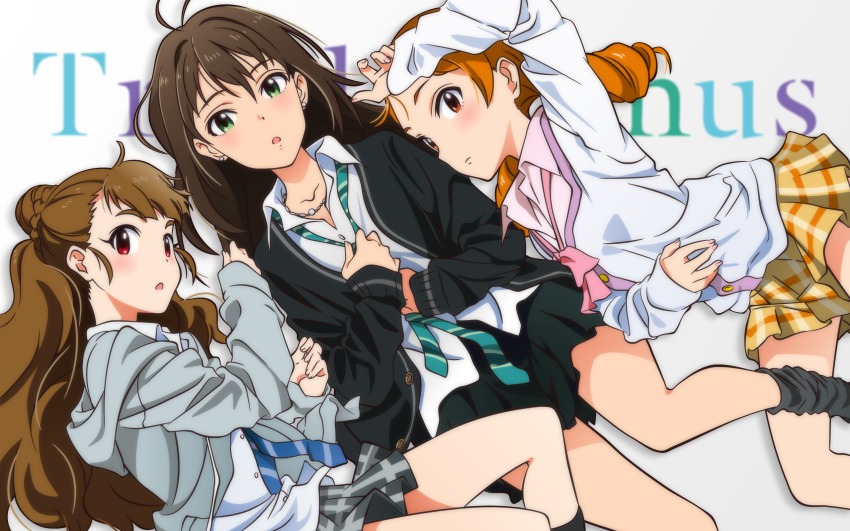 10s 3girls :o akizuki_ritchan antenna_hair black_skirt blazer blue_necktie blush bow brown_eyes brown_hair buttons checkered_clothes checkered_skirt chestnut_mouth collarbone collared_shirt drill_hair earphones eyebrows green_eyes green_necktie grey_skirt hair_bun hand_on_forehead hand_on_own_chest hand_on_own_stomach highres houjou_karen idolmaster idolmaster_cinderella_girls jacket kamiya_nao long_hair long_sleeves looking_at_viewer lying multiple_girls necktie on_back open_clothes open_jacket pink_bow red_eyes school_uniform shibuya_rin shirt single_hair_bun skirt triad_primus twin_drills vector_trace white_shirt yellow_skirt