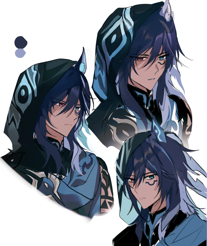 1boy absurdres animal_ear_fluff animal_ears arm_tattoo bat_ears black_hood black_shirt blue_eyes blue_hair blue_scarf closed_mouth collared_shirt dark-skinned_male dark_skin efu_(angelschatedral99) expressionless facial_tattoo from_side genshin_impact hair_between_eyes hashtag-only_commentary head_only headscarf heterochromia highres hood hood_up looking_at_viewer looking_to_the_side messy_hair multicolored_hair ororon_(genshin_impact) parted_lips purple_eyes scarf shade shirt short_hair shoulder_tattoo simple_background sleeveless solo streaked_hair tattoo torn torn_clothes torn_hood torn_scarf white_background