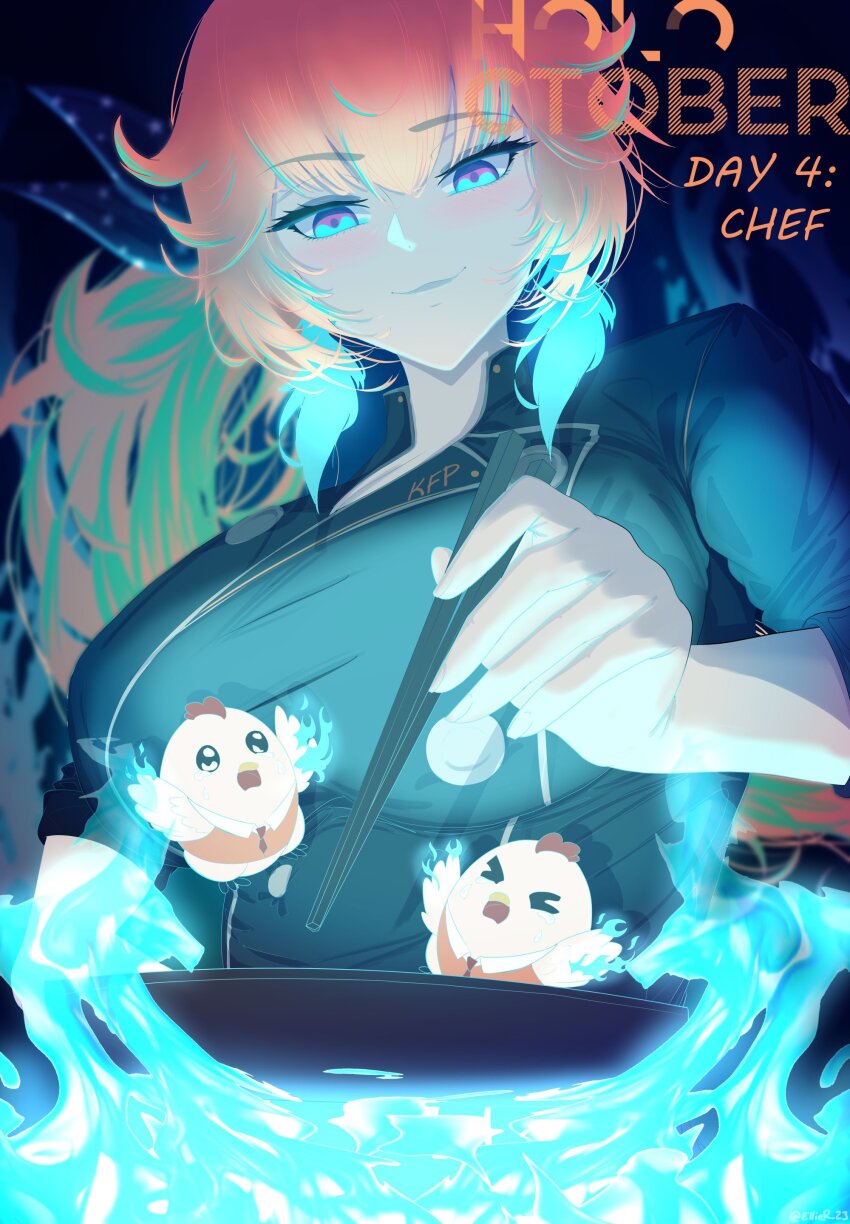 1girl absurdres black_shirt blue_fire blue_hair breasts chef cooking ellier23 feathers fire foreshortening gradient_hair green_hair hair_ribbon highres hololive hololive_english kfp_employee_(takanashi_kiara) large_breasts looking_at_viewer multicolored_hair orange_hair purple_eyes ribbon shirt side_ponytail smug takanashi_kiara taut_clothes taut_shirt virtual_youtuber wok