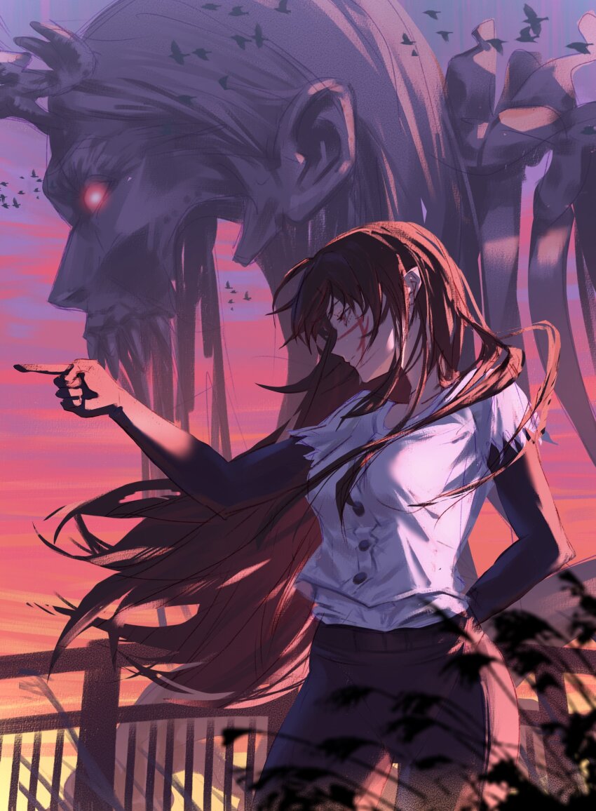 1girl absurdres black_hair black_pants chainsaw_man closed_mouth cowboy_shot demon expressionless hair_between_eyes highres kozzz_y long_hair looking_ahead outdoors pants pointing scar scar_on_face shirt sidelocks standing torn_clothes torn_shirt white_shirt yellow_eyes yoru_(chainsaw_man)