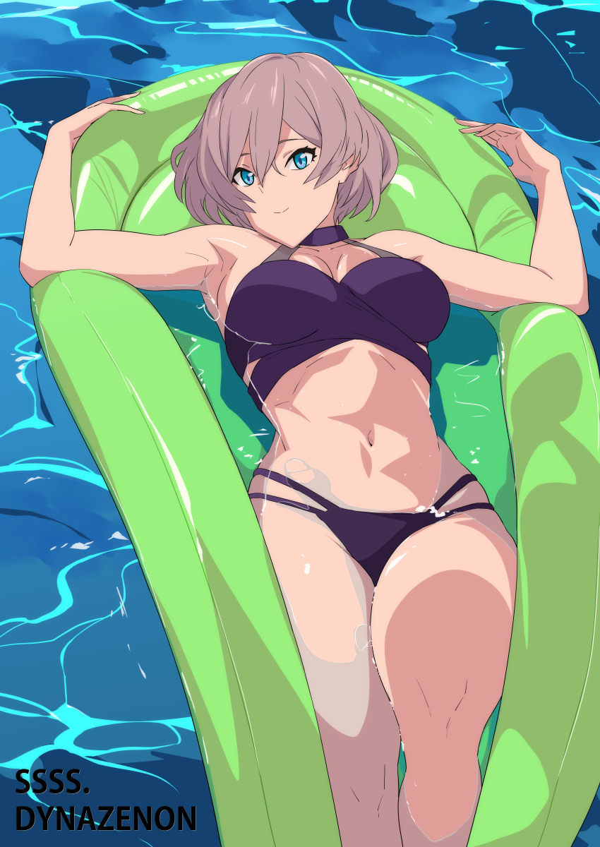 1girl absurdres armpits bikini blue_bikini blue_eyes gridman_universe highres innertube lying midriff mujina navel on_back pool short_hair ssss.dynazenon swim_ring swimsuit tonotyama wet