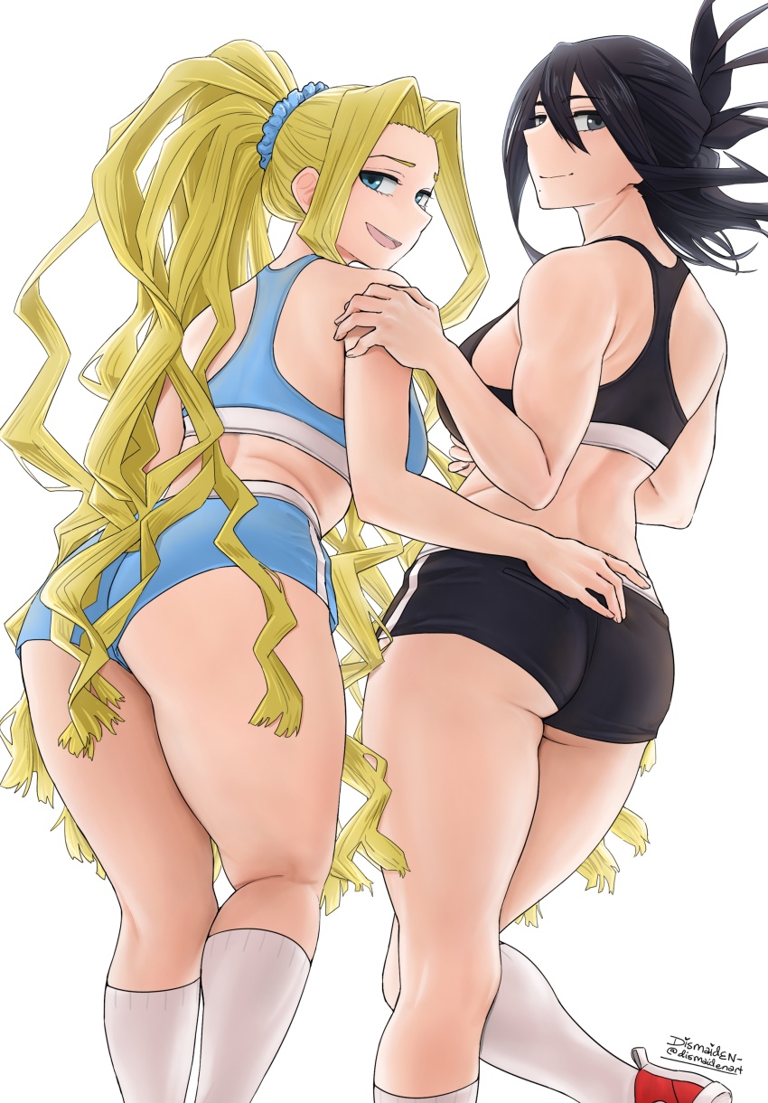 2girls absurdres all_might&#039;s_mother ass black_eyes black_hair black_shorts black_sports_bra blonde_hair blue_eyes blue_shorts blue_sports_bra boku_no_hero_academia closed_mouth dismaiden from_behind highres kneehighs long_hair looking_back mature_female multiple_girls ponytail shimura_nana short_shorts shorts smile socks sports_bra sportswear white_socks