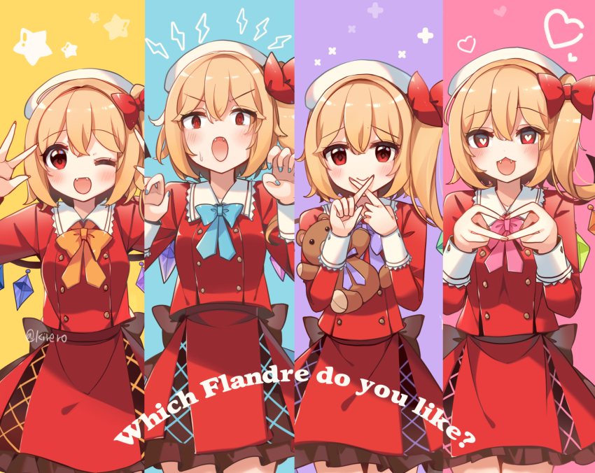 1girl blonde_hair claw_pose commentary_request cowboy_shot english_text flandre_scarlet four_of_a_kind_(touhou) heart heart_hands highres holding holding_stuffed_toy kirero long_hair one_eye_closed red_eyes red_shirt red_skirt shirt side_ponytail skirt stuffed_animal stuffed_toy teddy_bear touhou twitter_username w