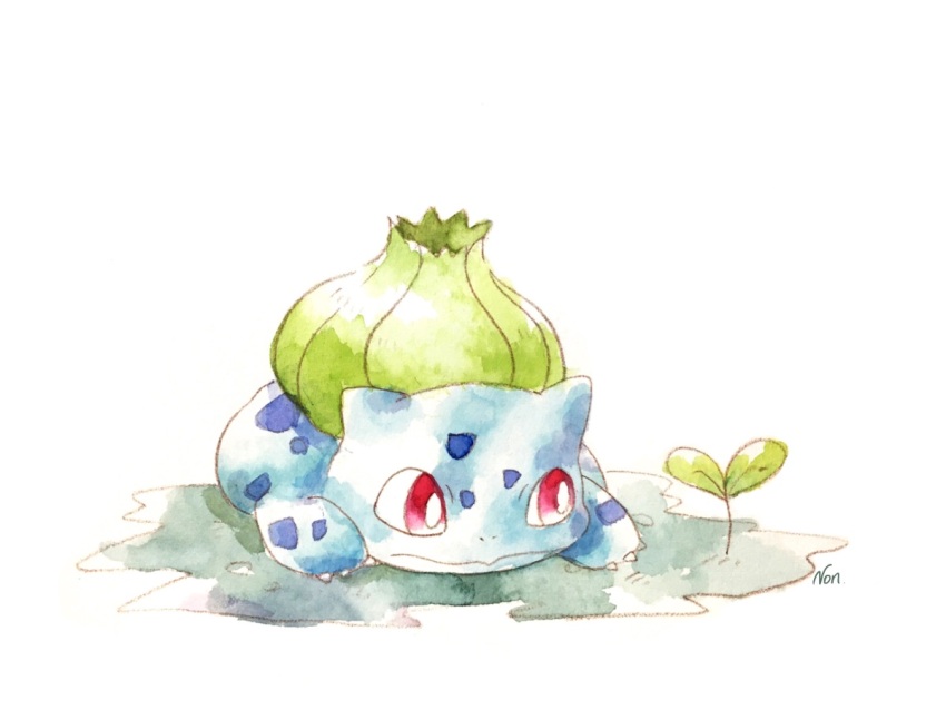 animal_focus bright_pupils bulbasaur claws closed_mouth creatures_(company) game_freak gen_1_pokemon nintendo no_humans non_(kumakawayusu) nostrils painting_(medium) pokemon pokemon_(creature) red_eyes signature simple_background solo sprout sugimori_ken_(style) traditional_media watercolor_(medium) white_background white_pupils