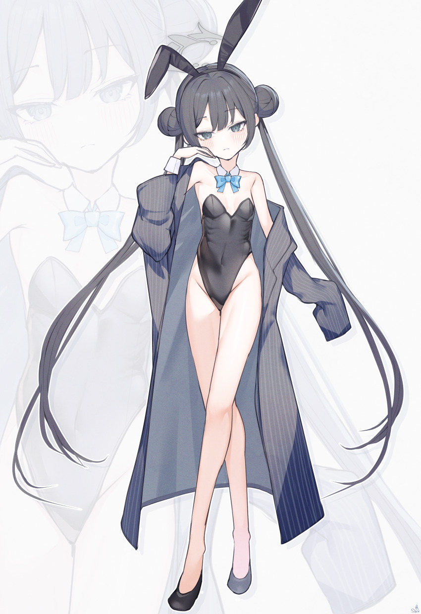 1girl absurdres alternate_costume animal_ears bare_legs bare_shoulders black_eyes black_footwear black_hair black_leotard blue_archive blue_bow blue_bowtie bow bowtie breasts cleavage commentary_request double_bun fake_animal_ears full_body grey_halo hair_bun halo highres kisaki_(blue_archive) leotard long_hair looking_at_viewer playboy_bunny rabbit_ears small_breasts solo standing tachibana_shiori_(suica_112) thighs twintails very_long_hair zoom_layer