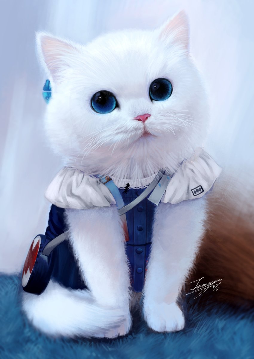 absurdres animal animal_ear_fluff animal_focus animalization bad_id bad_pixiv_id bag blue_dress blue_eyes cat commentary_request dated dress full_body gawr_gura highres hololive hololive_english looking_at_viewer no_humans shoulder_bag signature tama_yu virtual_youtuber white_cat