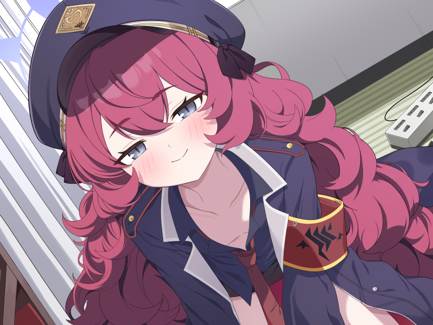 1girl armband blue_archive fluffy_hair gehenna_academy_logo grey_eyes halo hat highres hiroikara_(smhong04) iroha_(blue_archive) jacket loose_necktie military_hat military_jacket necktie peaked_cap purple_halo red_armband red_hair red_necktie safety_pin solo wavy_hair