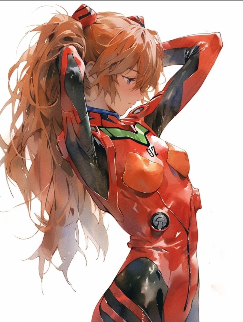 1girl ai-generated arms_behind_head bodysuit breasts from_side half-closed_eyes highres legs long_hair mecha_pilot_suit neon_genesis_evangelion orange_hair plugsuit small_breasts solo souryuu_asuka_langley thighs third-party_source twintails