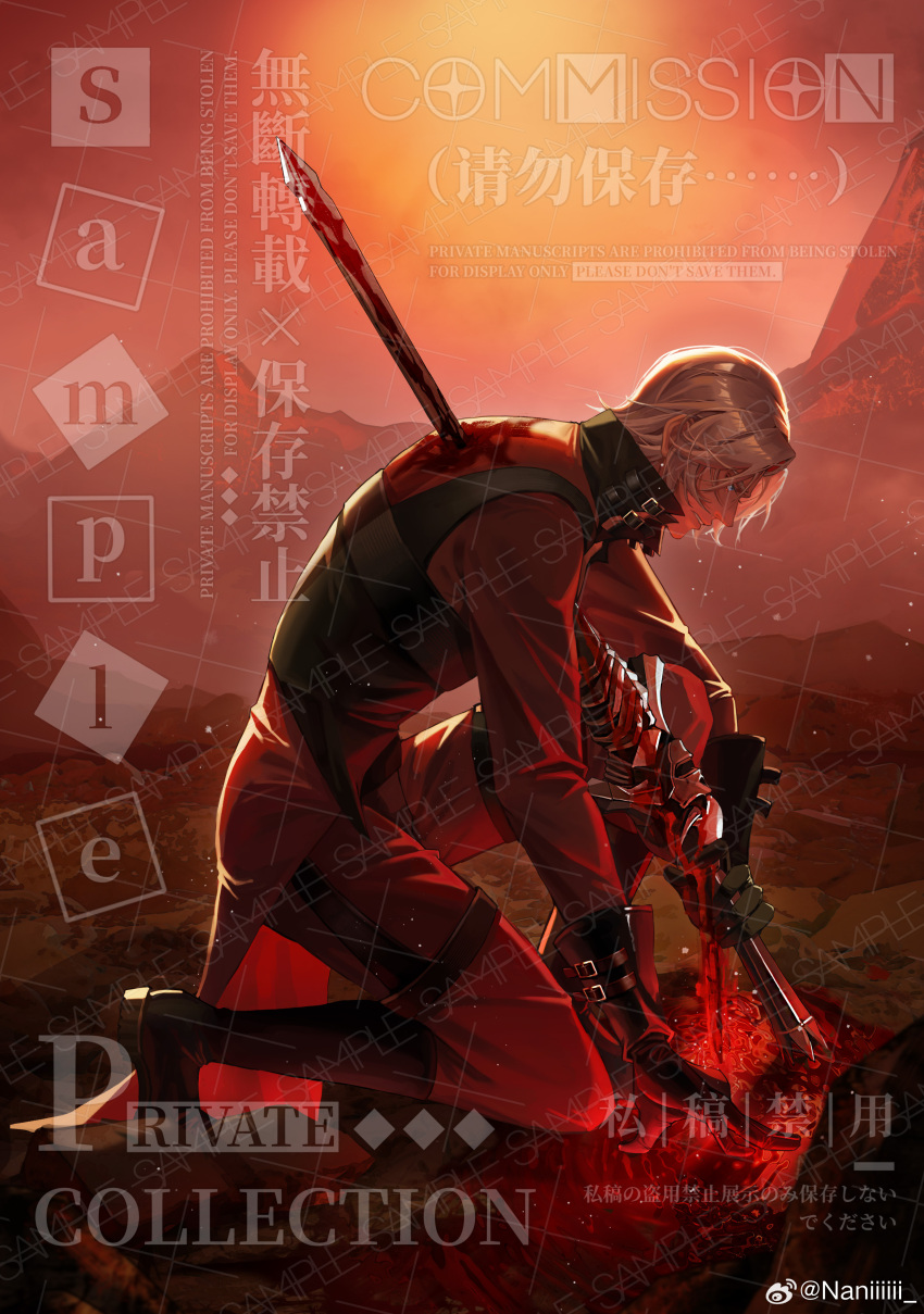 1boy absurdres black_gloves bleeding blood blood_on_clothes blood_on_hands bloody_weapon blue_eyes coat cuts dante_(devil_may_cry) devil_may_cry devil_may_cry_(series) devil_may_cry_2 full_body gloves highres holding holding_weapon injury male_focus naniiiiii rebellion_(sword) solo sword weapon white_hair