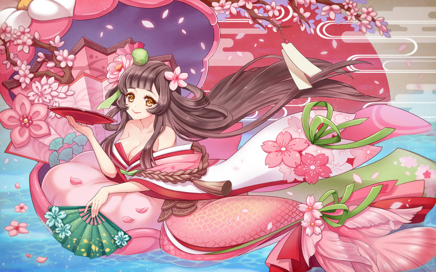 1girl bare_shoulders branch breasts brown_hair cherry_blossoms clam_shell cleavage cup egasumi female_focus flower folding_fan hair_flower hair_ornament hand_fan japanese_clothes jiao_tu long_hair medium_breasts mermaid monster_girl nightcat onmyoji petals sakazuki smile solo water yellow_eyes